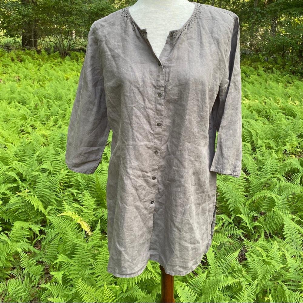 EILEEN FISHER TOP TUNIC BROWN LINEN BUTTON FRONT BEADS Size M